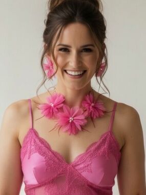 🌸🌸🌸 Festive Flowers Necklace and Earrings in Pink with Pearls and Rhinestones